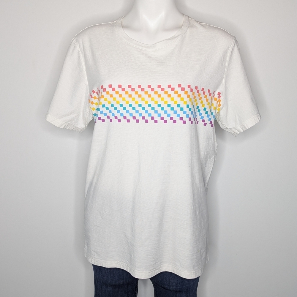 Bombas Bee Proud White Rainbow Square Stripe Pride LGBTQ Short Sleeve T-shirt L
